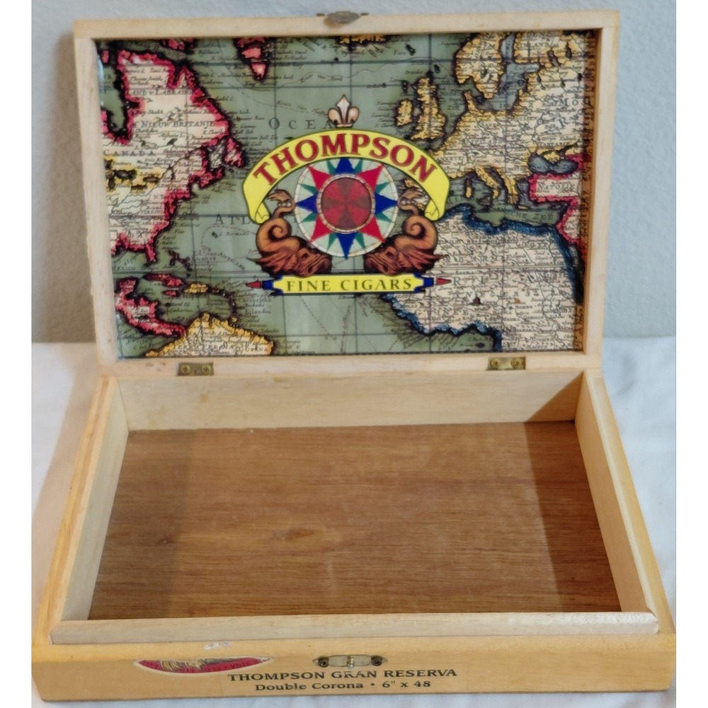 Vintage Thompson Gran Reserva Wood Cigar Box Empty World Map Graphic Lid 10x7